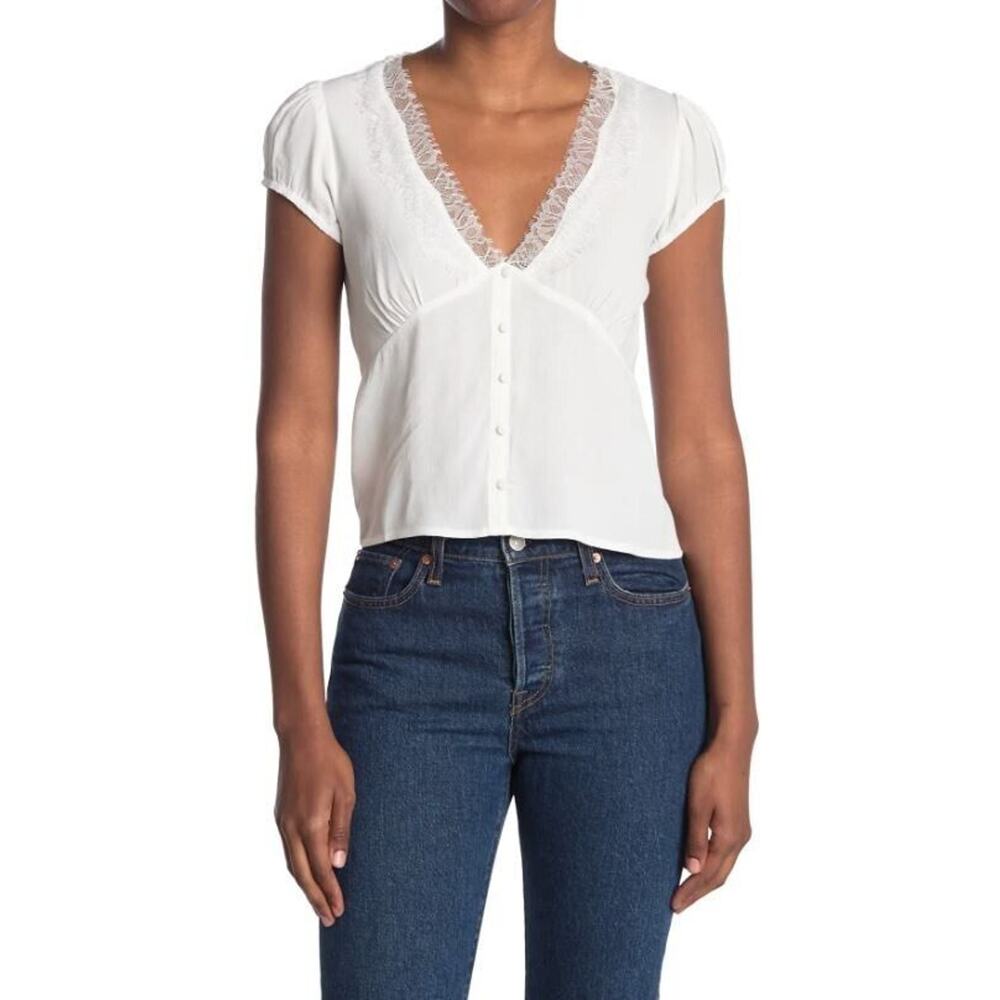 Sophie Rue Women's Cap Sleeve Lace Neck Button Front Blouse in Off White XLarge